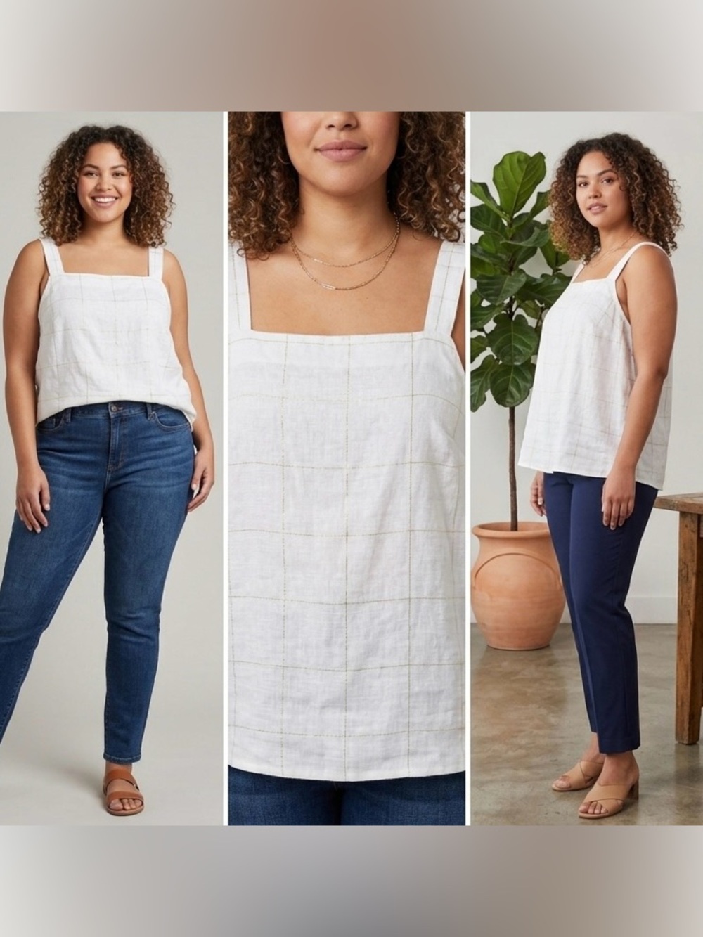 Liz Claiborne Linen Blend Tank, White with Gold Window Pane - XXL NWOT